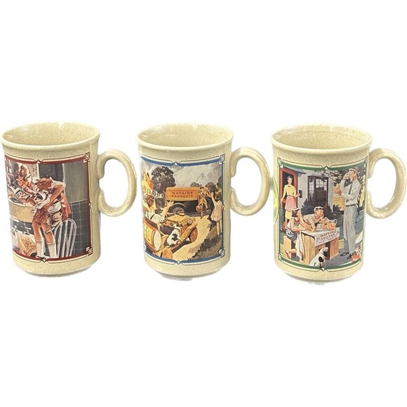 Watkins Almanac stoneware Coffee Mugs made in England 1935, 1936, 1955 Set of 3 - Picture 3 of 5